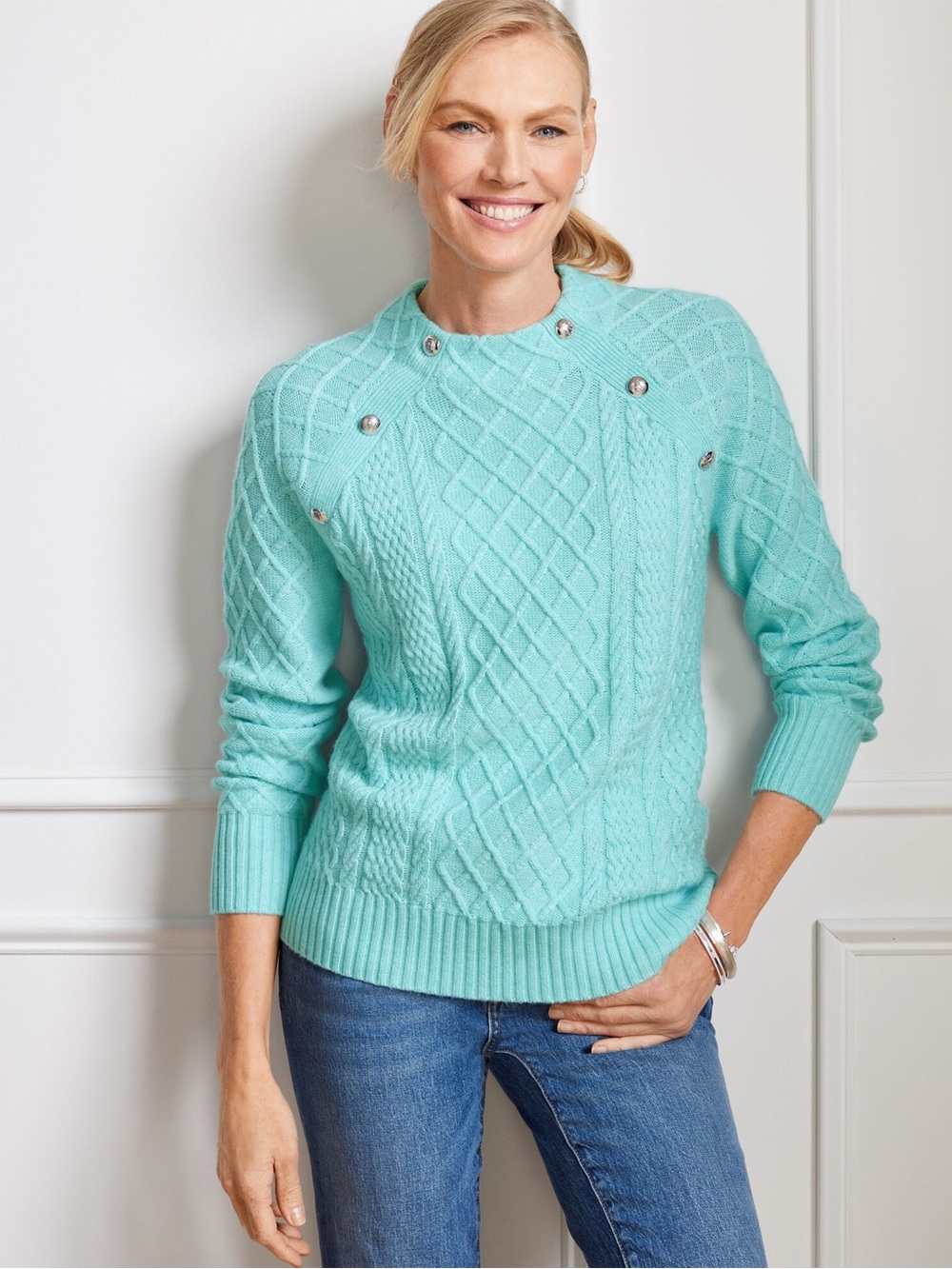 Talbots Mock Neck Aquamarine Cable-Knit Crewneck Sweater Size Large